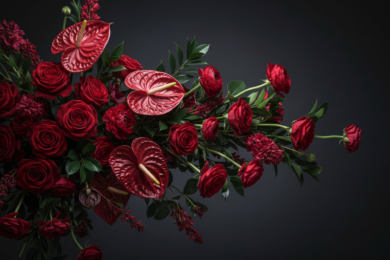 luxury floral background for a high-end flower boutique contact page, deep red roses, anthuriums and ranunculus arranged in an elegant artistic composition, soft cinematic lighting, smooth gradient dark background, ultra-sharp details, glossy highlights, premium aesthetic, no text, no frame, perfect for website banner,